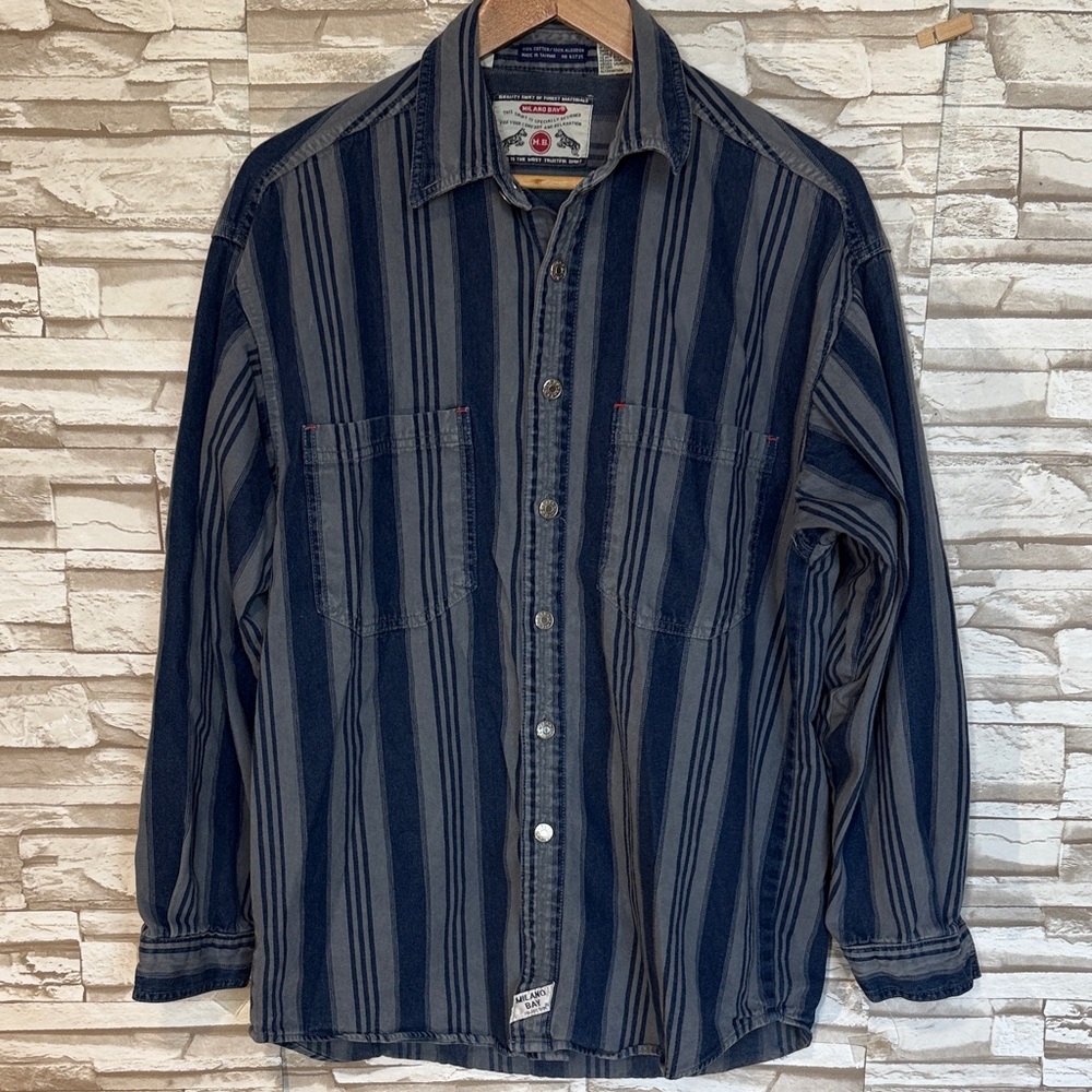 MILANO BAY Medium Men's Navy and Gray Striped Button Down Shirt